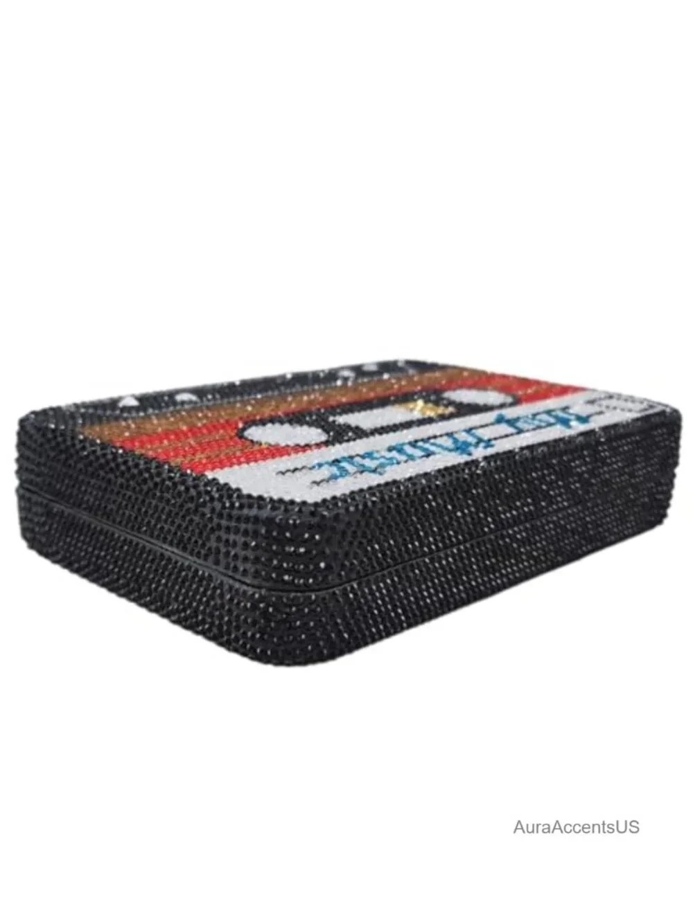 Crystal Rhinestone Cassette Tape Clutch Evening Bag with Chain Straps